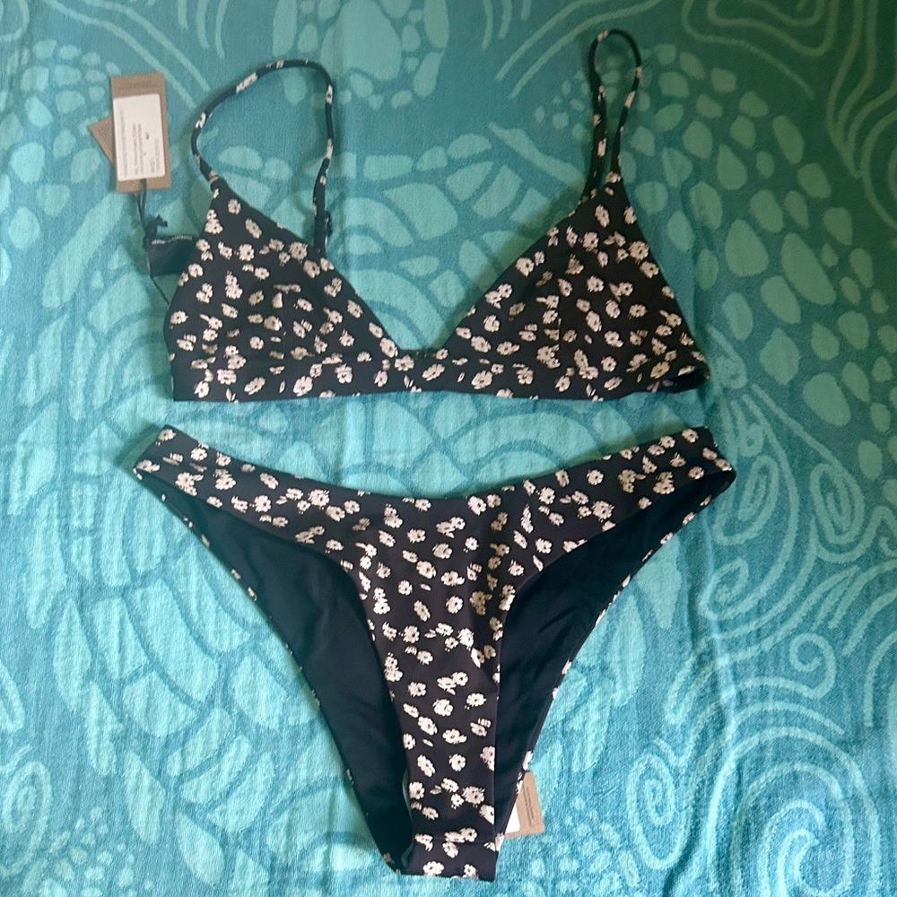 New Thrills Double Vision Black and White Floral Triangle Cheeky Bikini Set